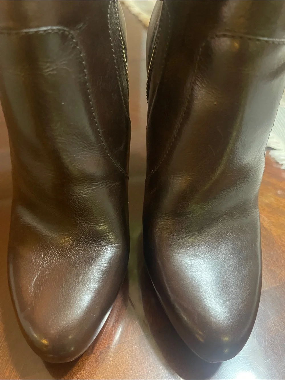 Michael Kors Dark Brown Leather High-Heel Ankle Booties with Gold MK Accent